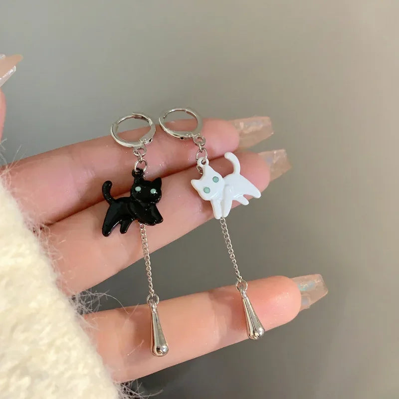 Women-Teen Girls Metal Long Tassel Asymmetrical Enamel Needle Cute Cartoon Cats Coffee-Teacup Dangle Drop Fine Imitation Earrings/Colors-Green/Multicolor/Geometric/Animals
