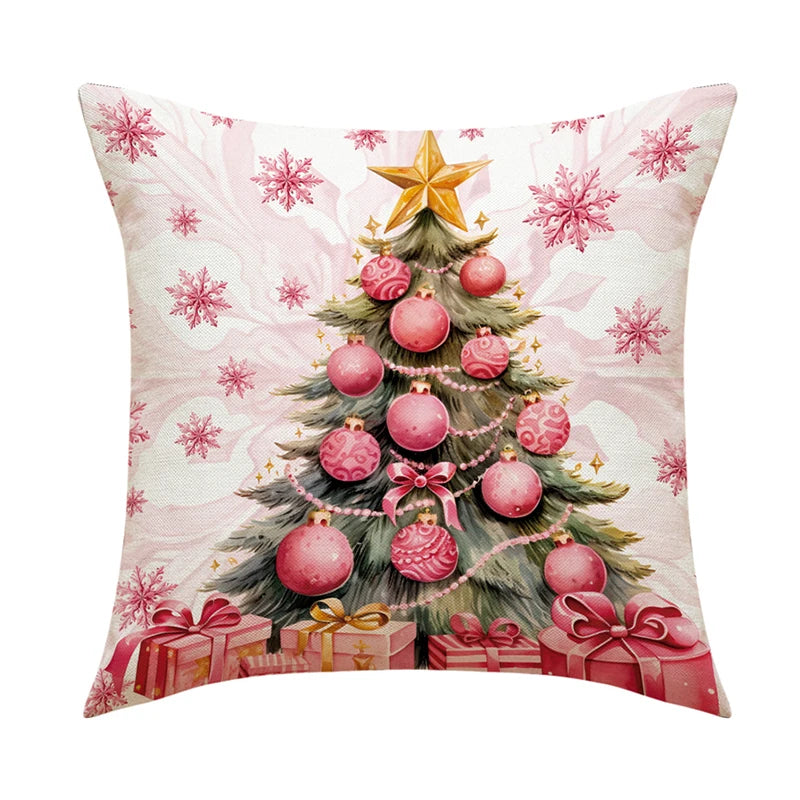 4 PCS Set Christmas Linen Snowman-Elk-Yarn Mittens-Christmas Tree-Wreath Plaid Throw Pillows/Colors-White/Red/Gray/Plaid