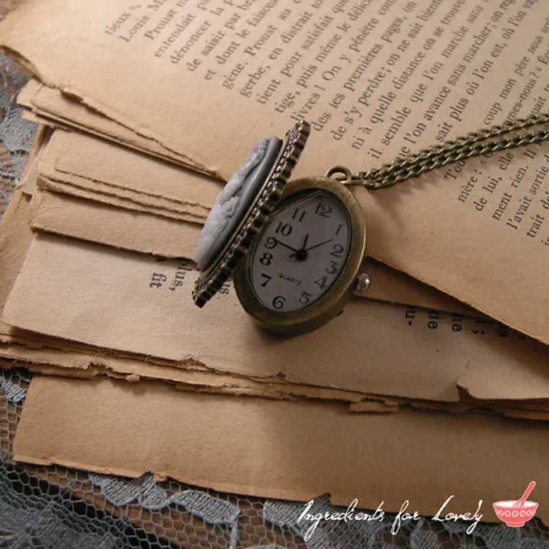 Women Waterproof Quartz Analog Display Vintage Oval Carved Women Hair-Face-Shoulder Cameo Pocket Watch-Chain/Colors-Green/Brown/Yellow