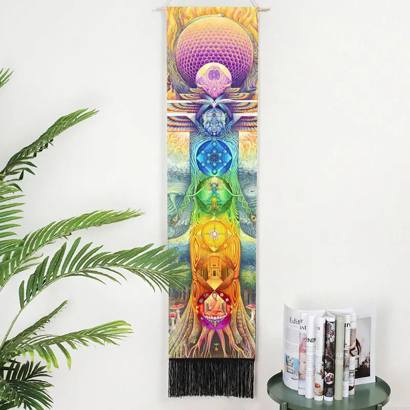 Printed Rectangle Cotton-Linen Colorful Multicolor Seven Chakra Spiritual Meditation Wall Hanging Tapestries