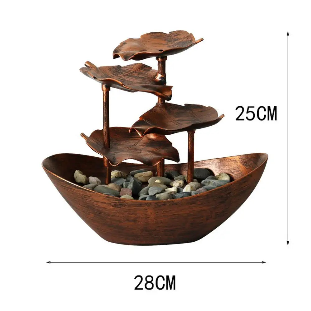 Modern Small LED Lights Metal Flowing 4-Tiers Realistic Lotus Leaf Ultra-Deep Boat Shape Open Basin Pebble Circulating Soothing Desktop Fountains/USB Power Cord/Colors-Bronze/Gold/Silver/Brown