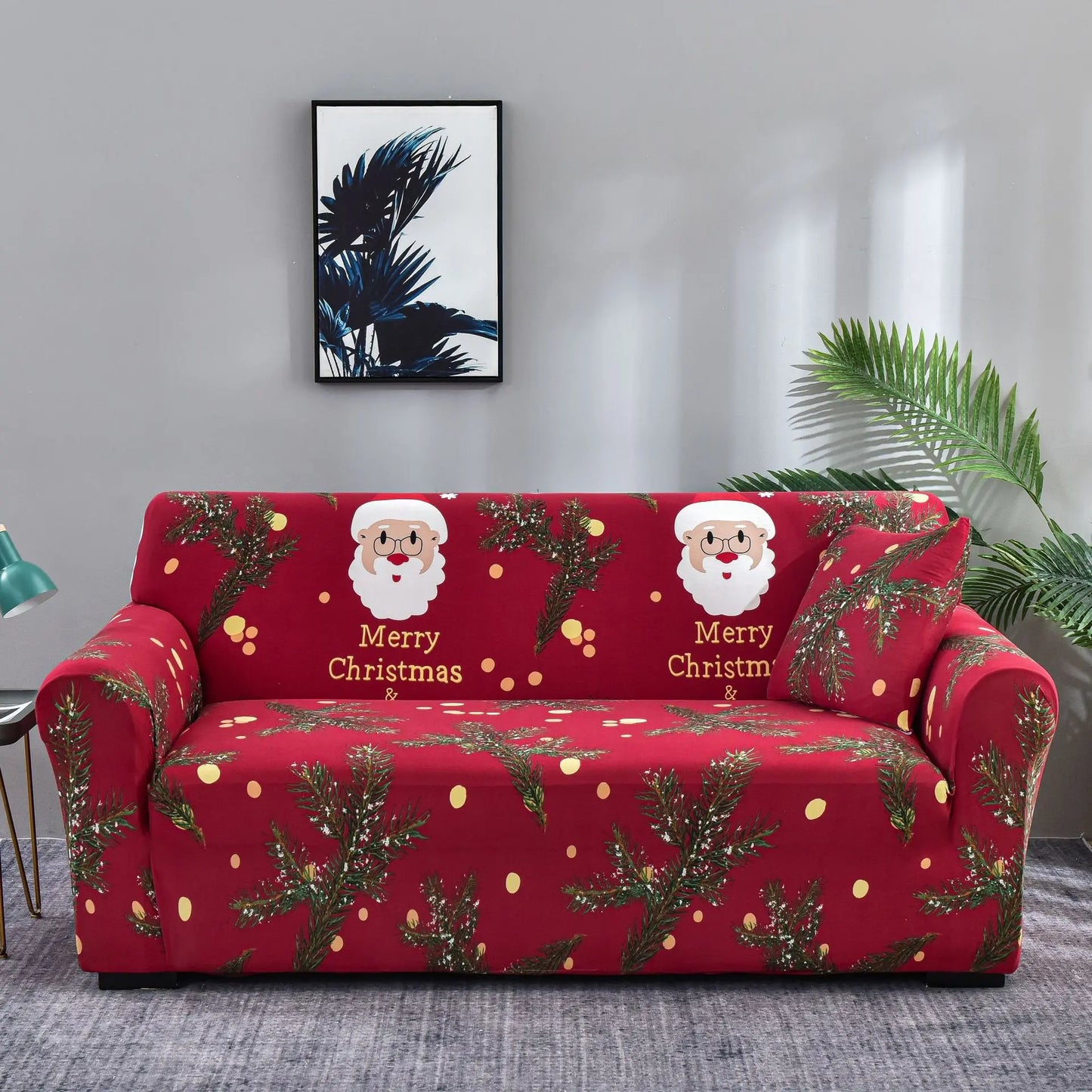 Christmas Theme Red-Green Polyester-Spandex 1-4 Seater L-Shape-Sectional Sofas Stretch Non-Slip Slipcovers