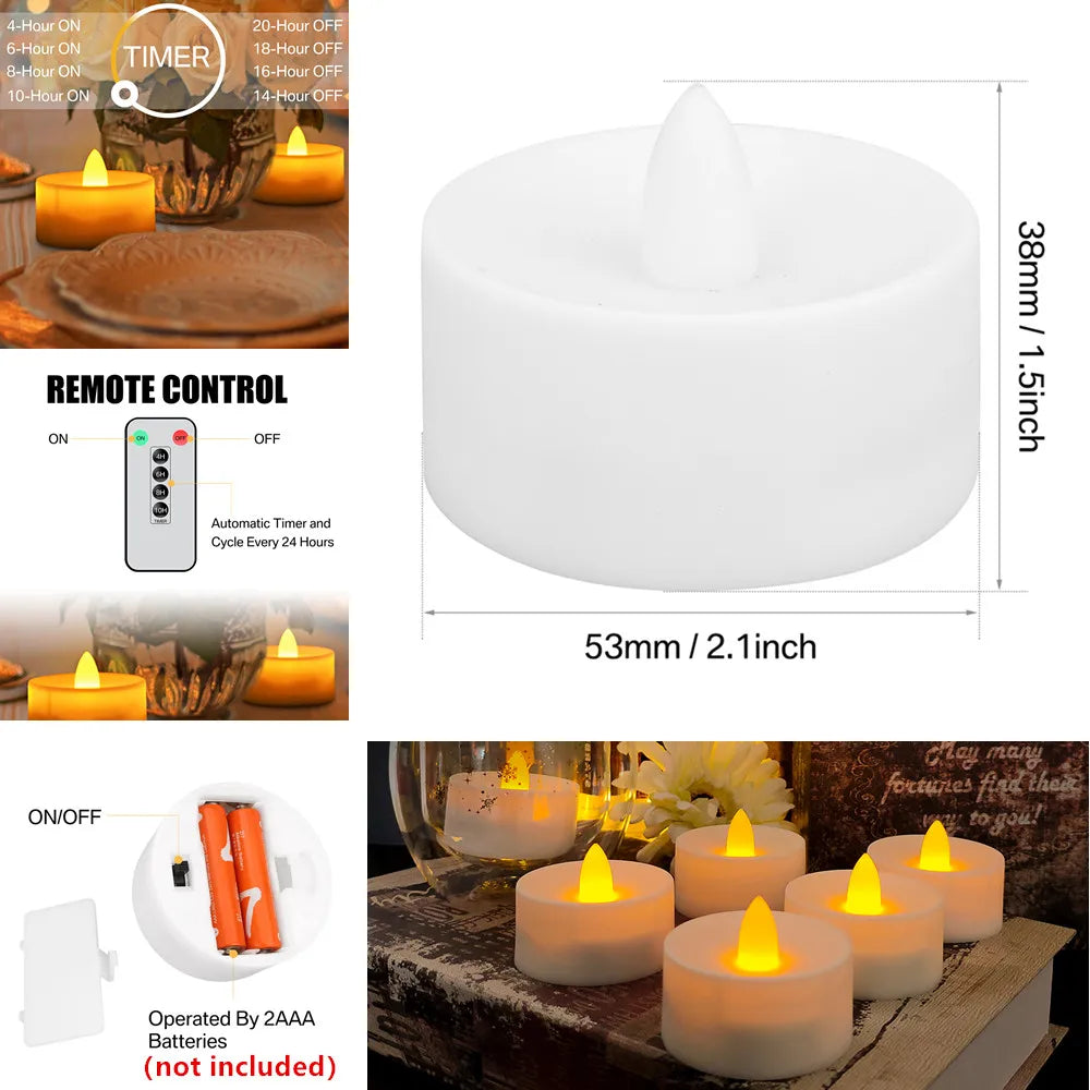 12-24 PCS Set Large Built-In Timer LED Flameless Flickering Small Round Tea Light Candles /Batteries Included-Button Batteries Type-CR2032/Color-White/Yellow