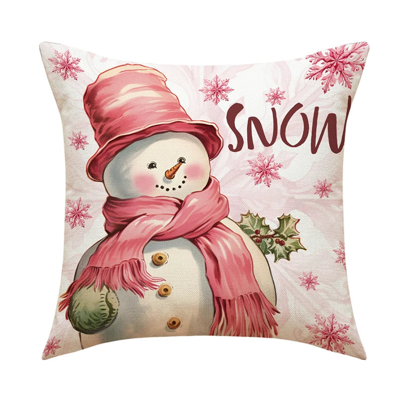 4 PCS Set Christmas Linen Snowman-Elk-Yarn Mittens-Christmas Tree-Wreath Plaid Throw Pillows/Colors-White/Red/Gray/Plaid