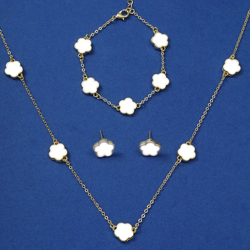 3PCS Set Imitation Zinc Alloy Lucky Five-Leaf Clover Jewelry Sets/Necklace-Bracelet-Earrings/Colors-Floral/Gold/Black/White/Silver