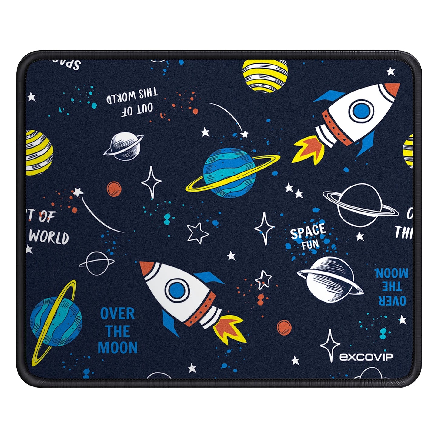EXCO Small Square Durable Space Rocket-Earth-Solar System Theme Stitched Edge Non-Slip Fabric Foam Rubber Base Gaming Mouse Pads/Colors-Black/Blue/Navy Blue