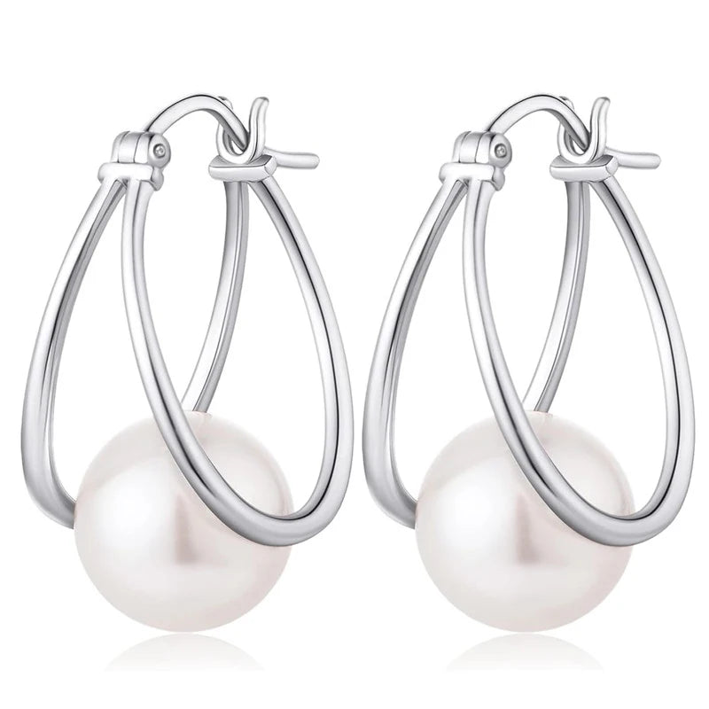 Women-Teen Girls Silver Copper-Brass Metal Geometric Simple Round Imitation Simulated White Pearl Hoop Earrings