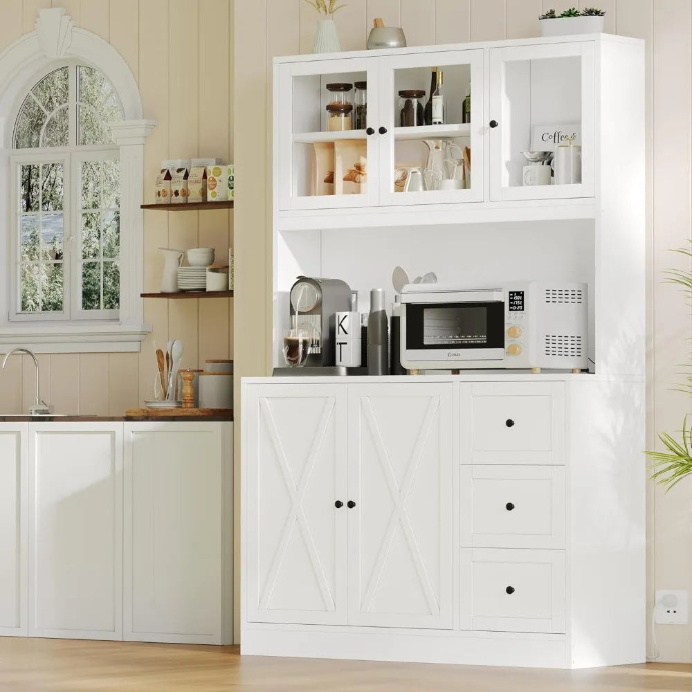 Wood Farmhouse Style Kitchen Cabinet Hutch /Countertop / Anti-Tip Device /Charging Station/3 Metal Rail Drawers/ 5 Cabinets-3 Glass Doors/2 Wood Doors/Size: 15.7"D x 39.4"W x 70.9"H/Colors-White/Black/Beige