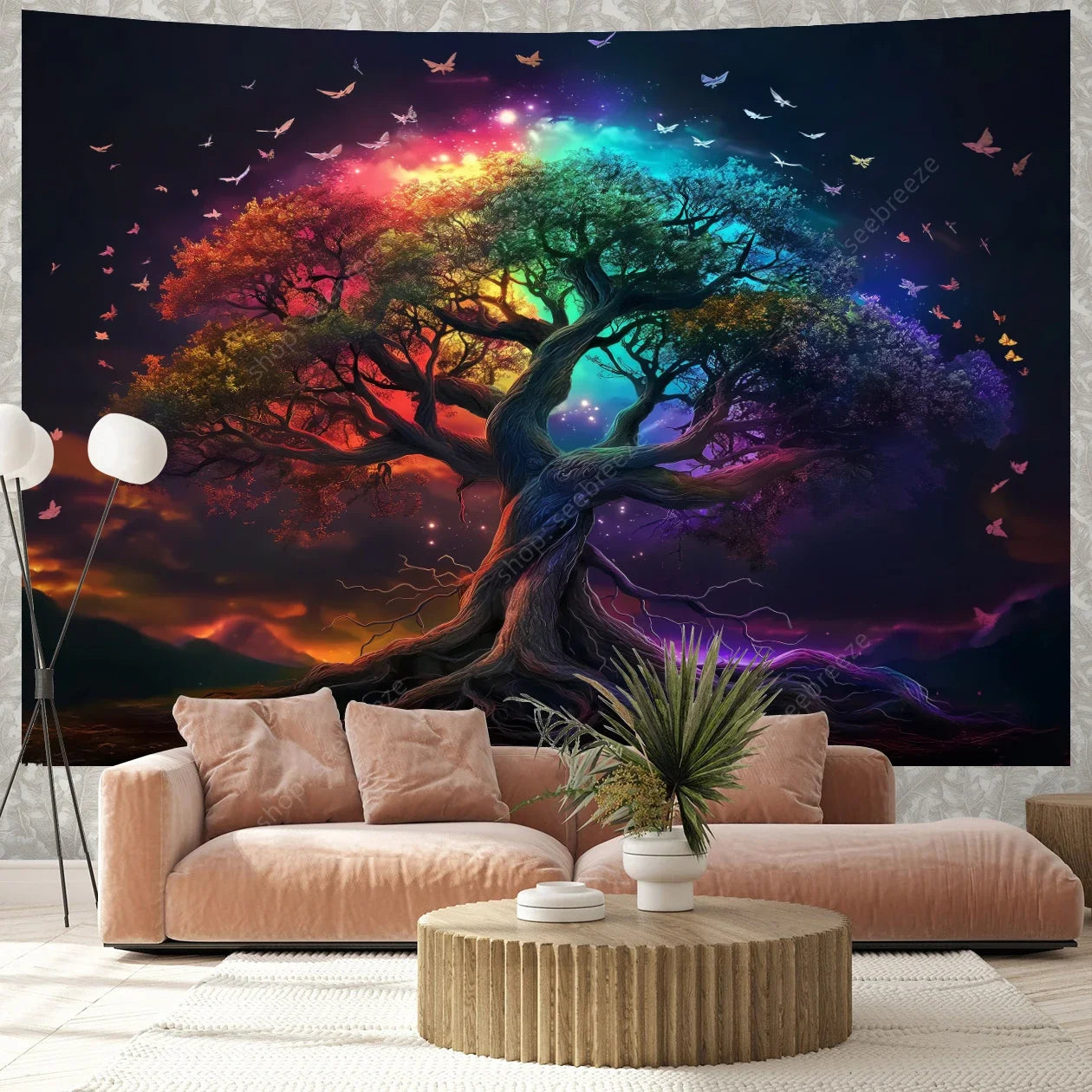 Colorful Green Forest Red Mushrooms Water Flowing Printed Polyester Woven Garden Of Eden Nature Tree Of Life Wall Hanging Tapestries
