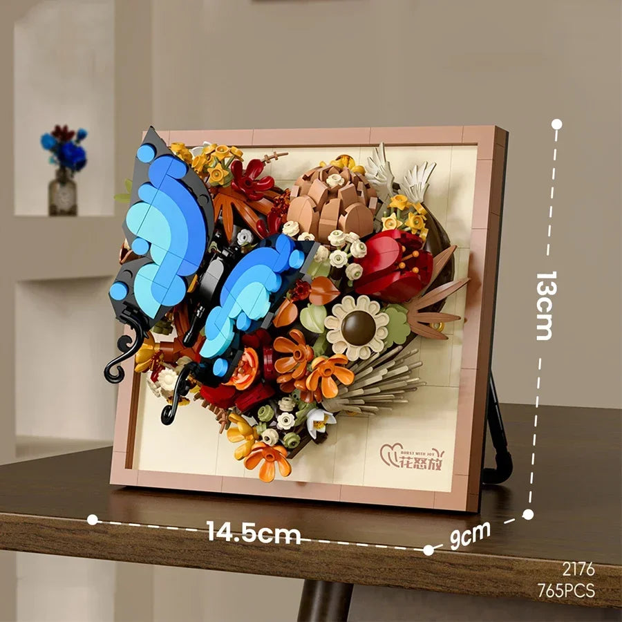 Kids 3D DIY Craft Building Blocks Plastic Picture Frame Mini Brick Trim Heart Shape Flower Wreath Black-Blue Beautiful Butterfly/With Stand On Back Of Frame/Ages: 3-6 Years Older/Yellow/Blue/Black/Floral/Multicolor/Animals