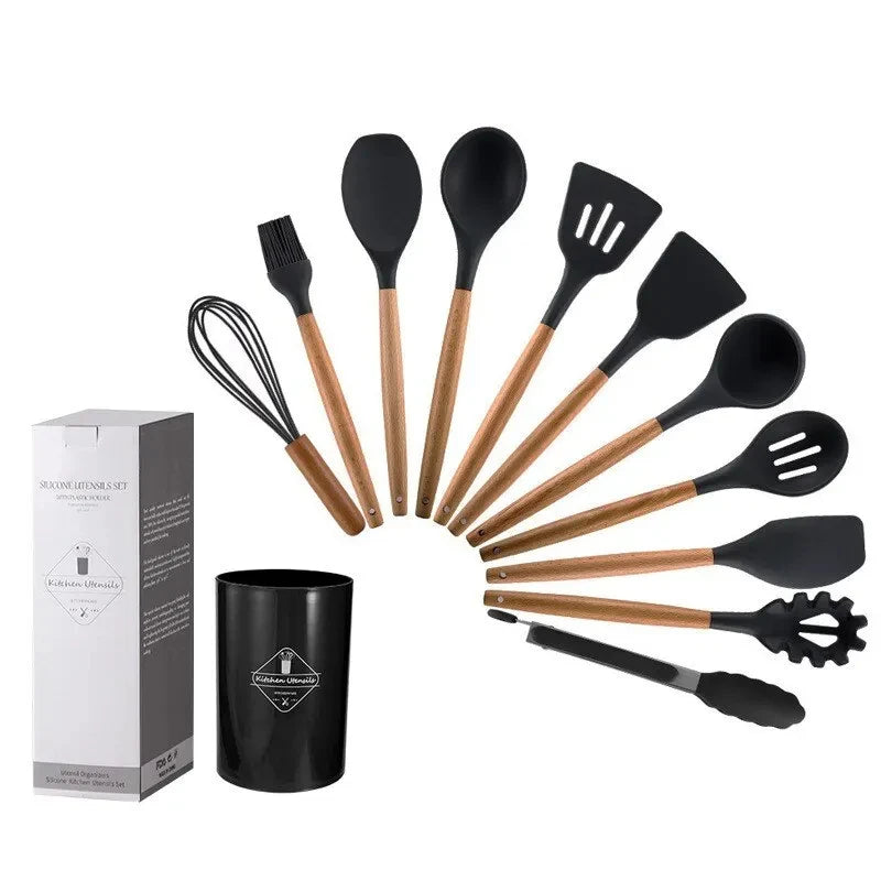 Kitchen 12 PCS Set Green Heat Resistant Non-Stick Silicone Tips Wood Handles Utensils-Storage Bucket/Colors-Blue/Red/Black/Green/Multicolor