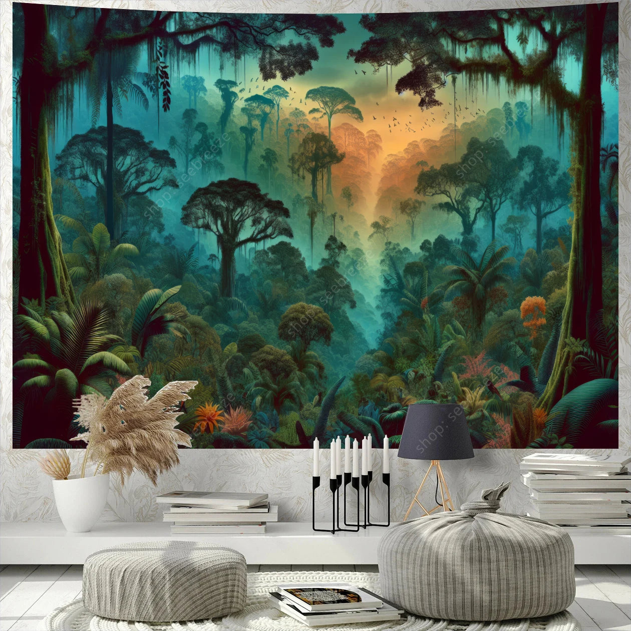 Colorful Green Forest Red Mushrooms Water Flowing Printed Polyester Woven Garden Of Eden Nature Tree Of Life Wall Hanging Tapestries