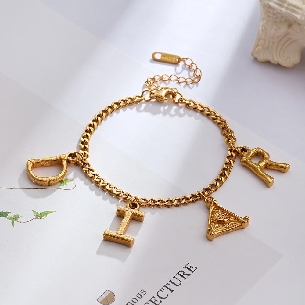 Women Imitation Gold Geometric Stainless Steel Link Chain Letter Charm Lobster-Claw-Clasps Bracelets
