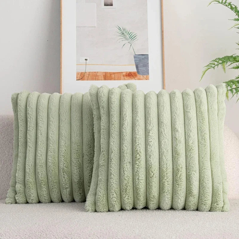 Embroidered Square Big Thick Striped Super Soft Cotton Solid Color Faux Rabbit Fur Sofa COVERS/Colors-Pink/White/Green/Apricot