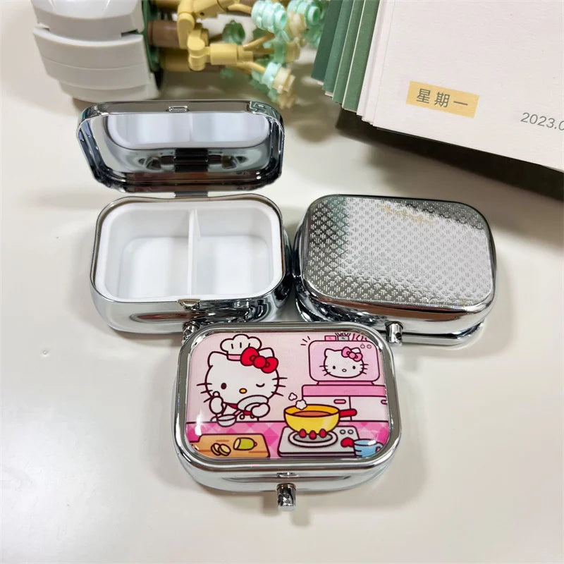 Hello Kitty's Cat Portable Square HD Mirrored Mini Sealed Cute Cartoon Girl Heart 2 Sub-Pockets Jewelry Box