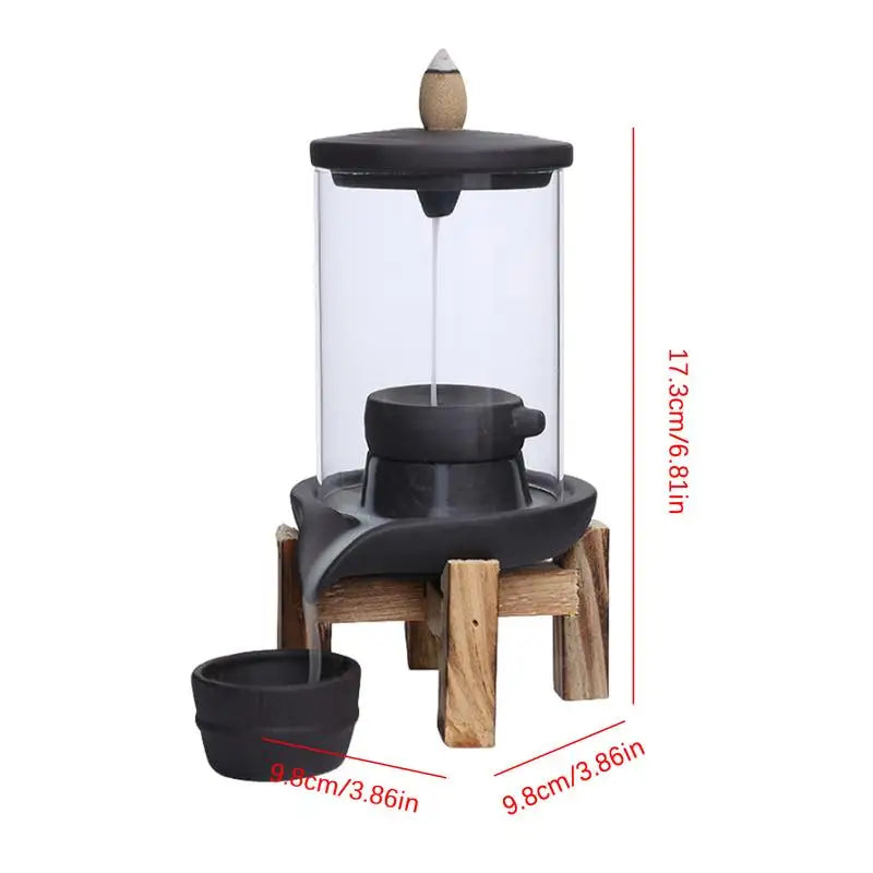 Round Enclosed Glass Case Ceramic Resin Desktop Wood 4 Leg Base Backflow Incense Cone On Top Burners/Colors-Black/Gray