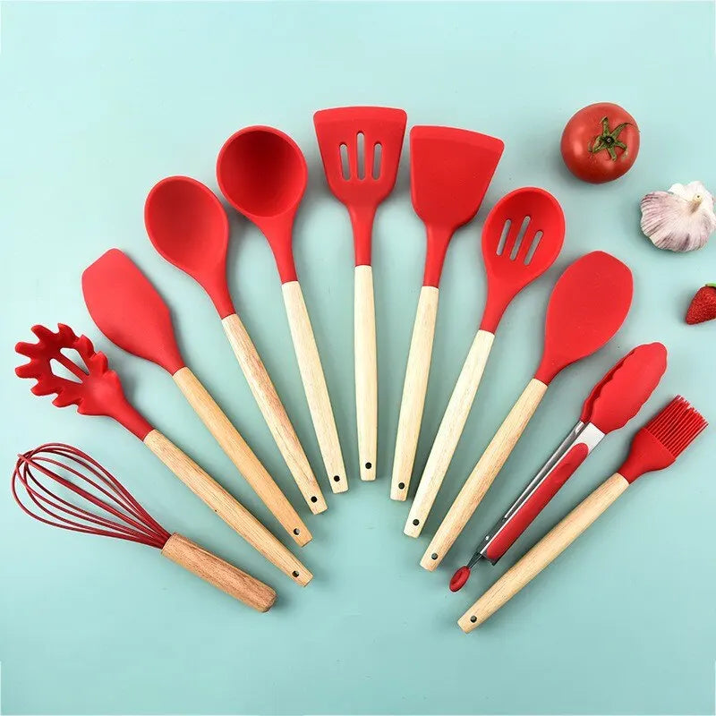 Kitchen 12 PCS Set Green Wood Handles Non-Stick Silicone Utensils-Storage Bucket/Colors-Black/Red/Green/Blue/Multicolor