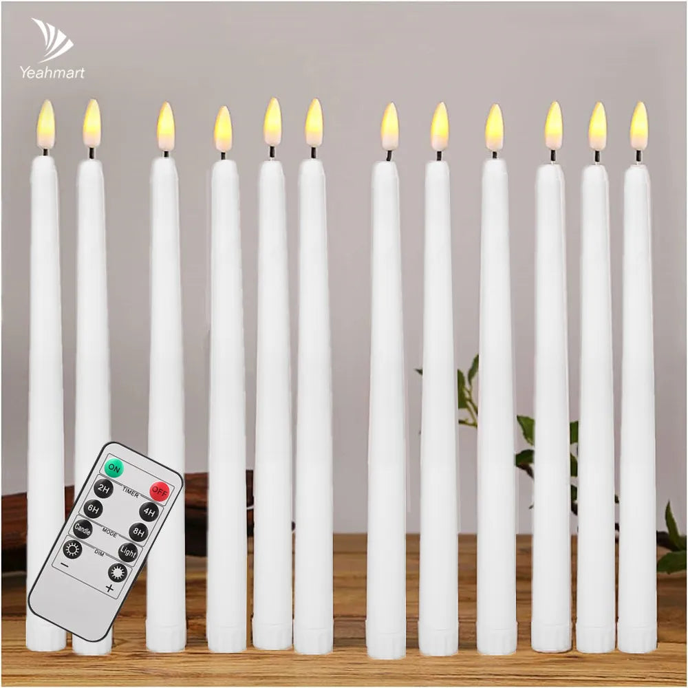 6-24 PCS Set LED White Realistic Round Cylindrical Plastic Flameless Flickering Tall Tapered Handheld Electric Window Candles/Battery: 2-AAA ( Not Included )/ Automatic Timer/1-4 PCS Remote Control