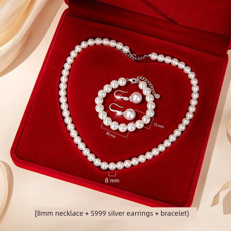 Adult Women Sterling Silver White Pearl Necklace-2 Hanging White Pearl Earrings Fine Imitation Jewelry Sets/Colors-White/Silver