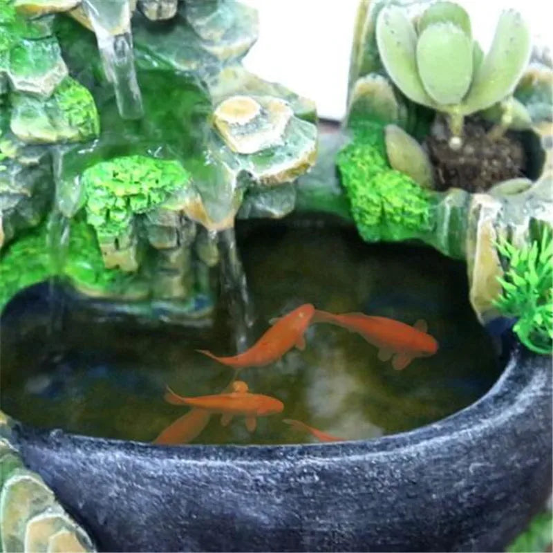 Green Resin LED Lights Indoor Bonsai Tree Foggy Mist Rocky Landscape Flowing Water Desktop Fountain/With US Plug