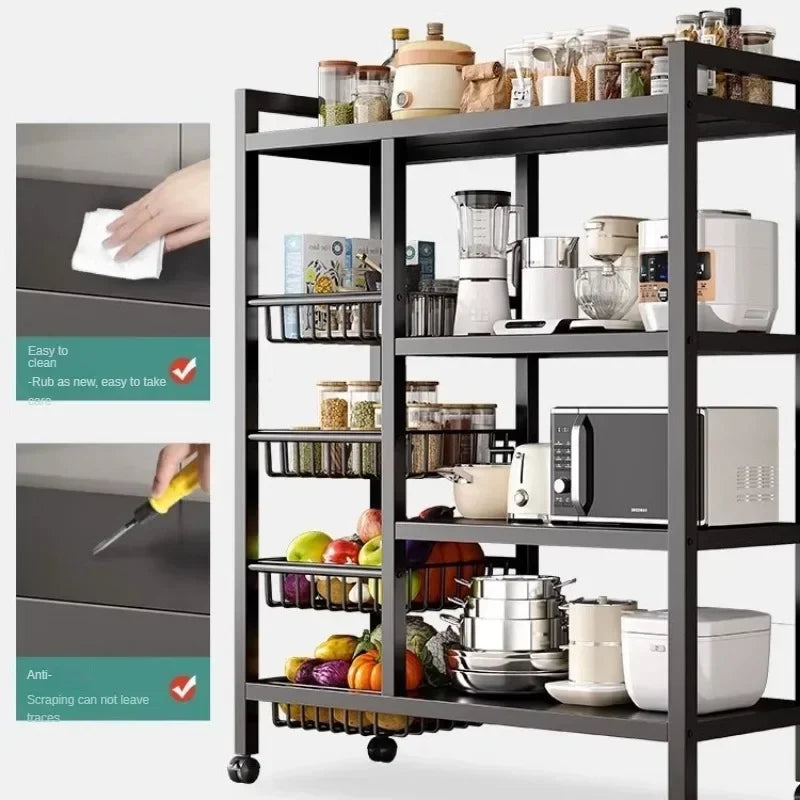 Kitchen Black-Brown Color Adjustable Height Pine Wood-Metal Storage Rack Movable Carts/360° Rotating Wheels