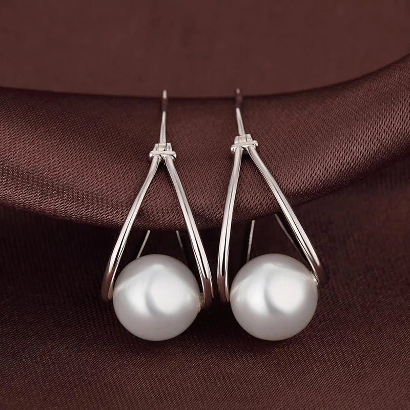 Women-Teen Girls Silver Copper-Brass Metal Geometric Simple Round Imitation Simulated White Pearl Hoop Earrings