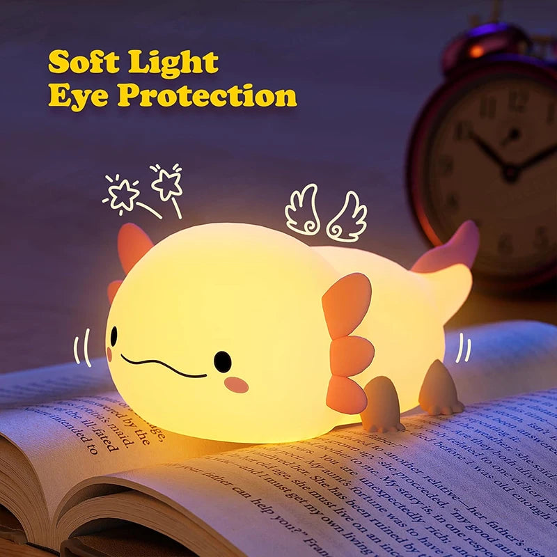 Kids LED Silicone Soft Cute Adorable Little Cartoon Pink Glowing Axolotl Fish Night Lights/Touch Power/ USB Rechargeable Batteries/Batteries Included
