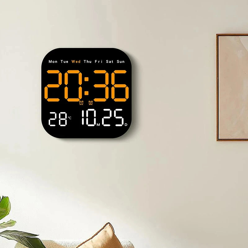 Modern USB Plug-In Black Plastic Square LED Large Digital Display Timing Function Remote Control Temperature-Week-Date Alarm Wall Clocks
