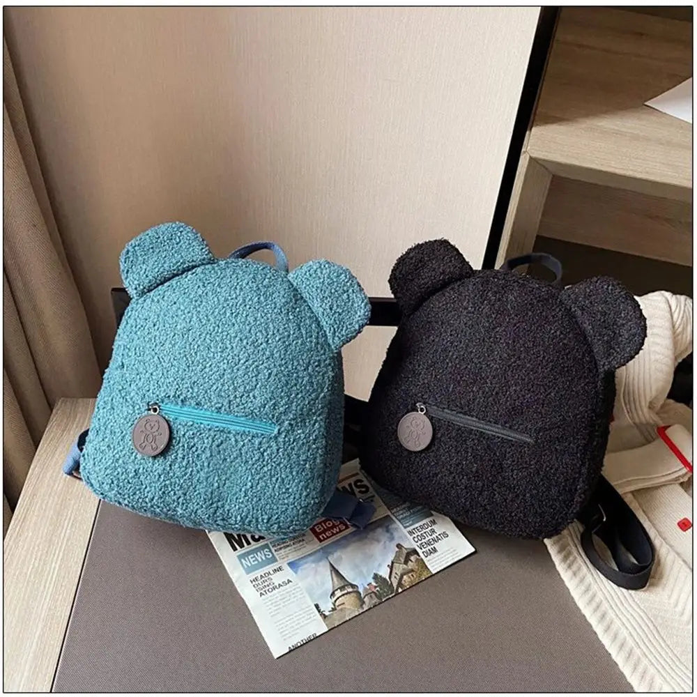 Women/Teen Girls Mini Lamb Fleece Cartoon Cute Bear Winter Backpacks/ Polyester/Backpack Straps/Adjustable Shoulder Straps/Small Handle/Colors-Khaki/Brown/Green/Black/Blue