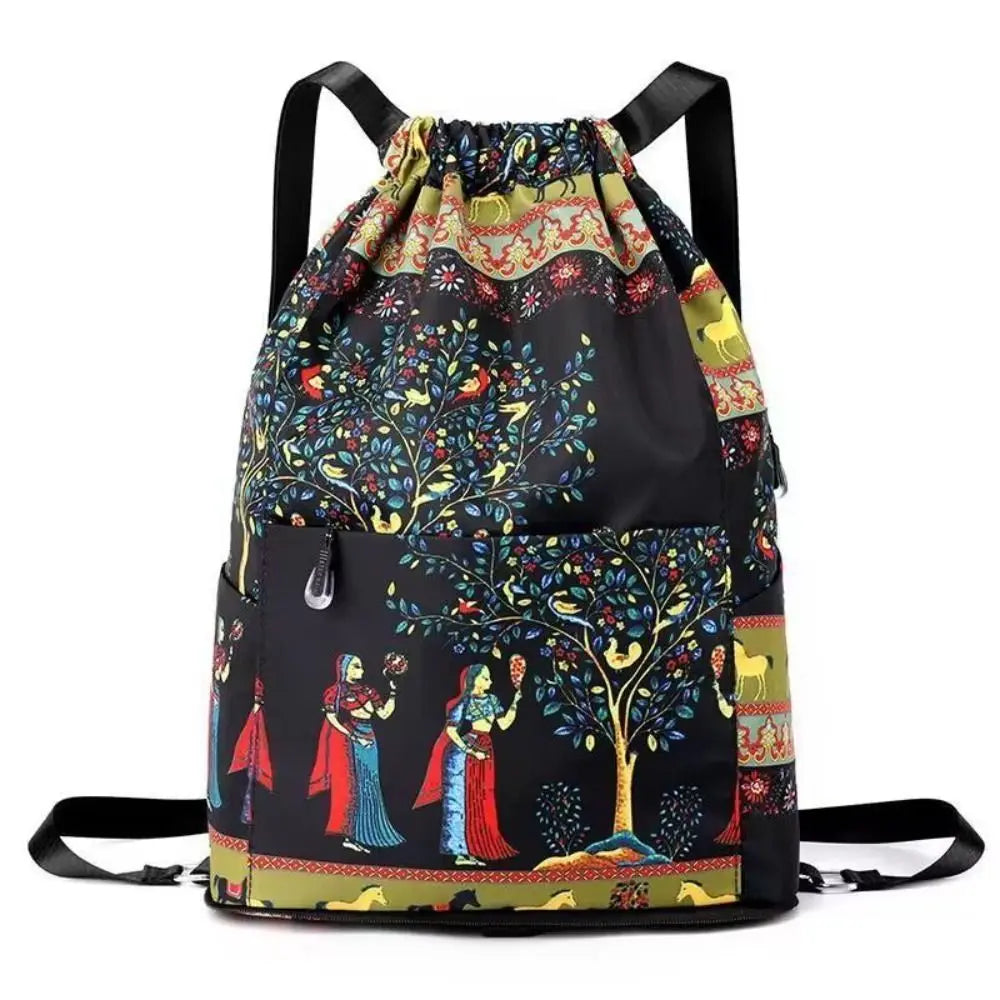 Large Foldable Oxford Cloth Polyester Lightweight Dry-Wet Separation Sports Drawstring Backpacks/External Pockets/Back Straps-Handle/Colors-Black/Animal/Multicolor