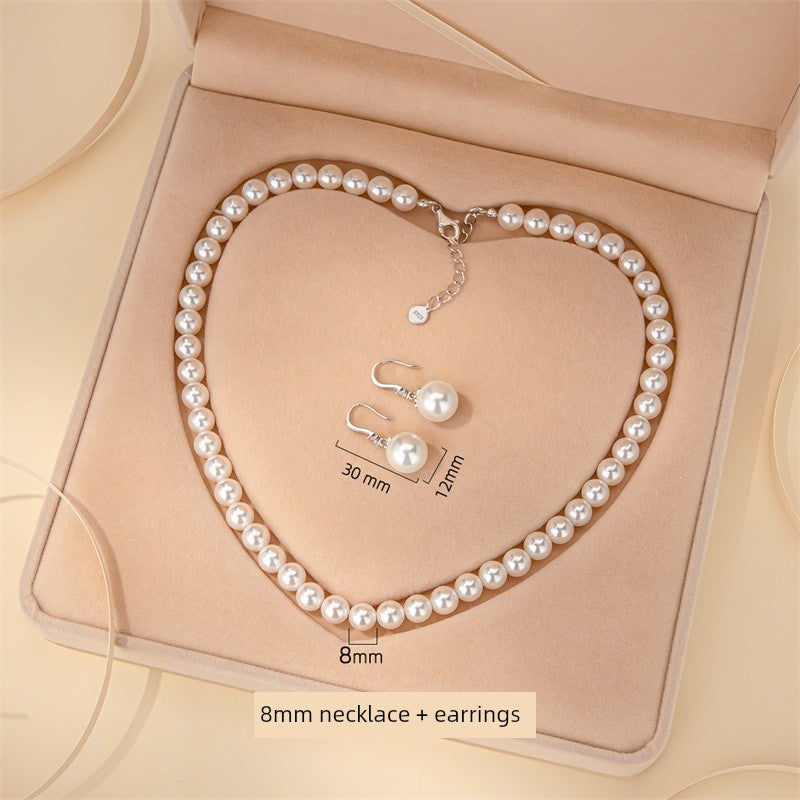Adult Women Sterling Silver White Pearl Necklace-2 Hanging White Pearl Earrings Fine Imitation Jewelry Sets/Colors-White/Silver
