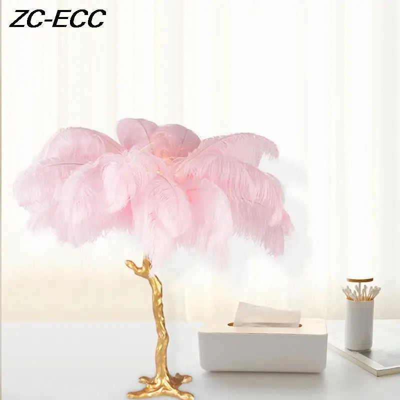 Modern Resin Gold Iron Tree-Like Trunk Base LED Ostrich Feather Up-Down Shade Standing Table Lamps/Colors-White/Pink/Blue/Orange/Black/Gold