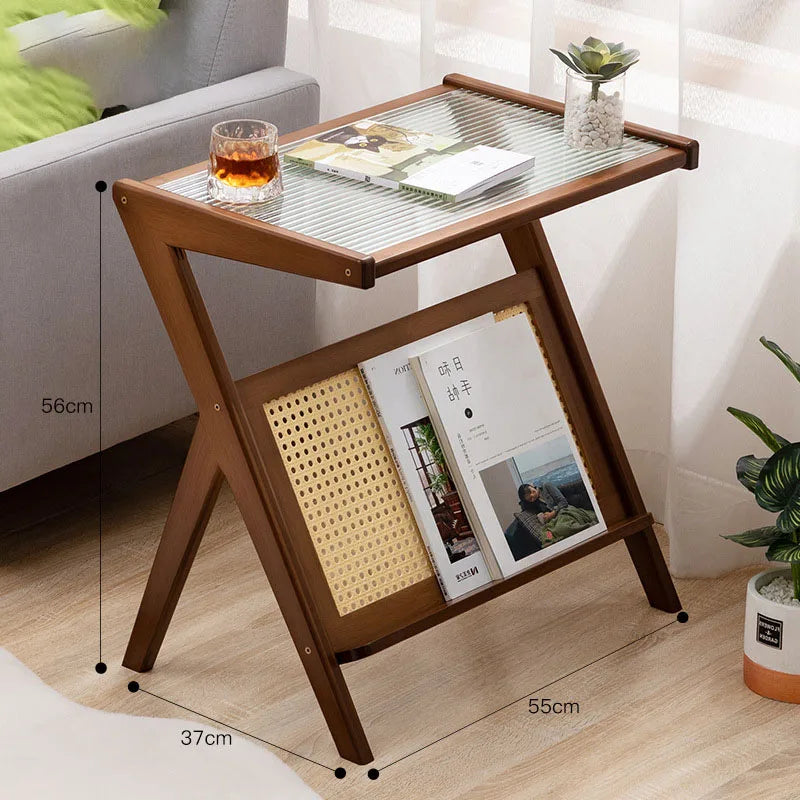 Z Shaped Bamboo Removable Glass Top End Table W/ Magazine Rack/Colors-Black/Brown/Oak
