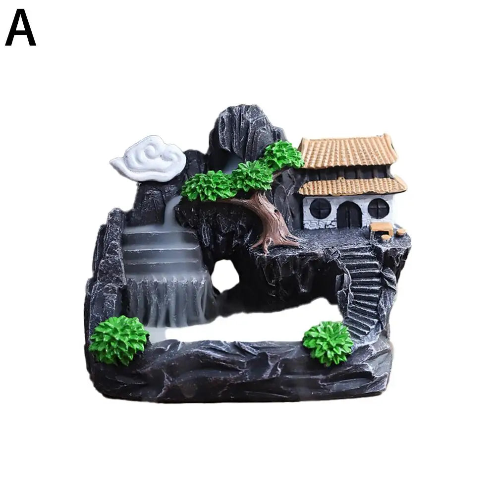 Ceramic Resin Small Village Scene Trees Rocky Mountain Terrain Brown Mill Wheel Realistic Flowing Water Backflow Incense Burner Holders/Colors-Black/Gray/Brown/Green