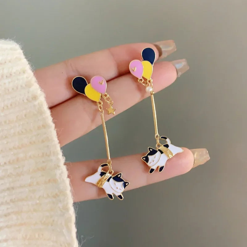 Women-Teen Girls Metal Long Tassel Asymmetrical Enamel Needle Cute Cartoon Cats Coffee-Teacup Dangle Drop Fine Imitation Earrings/Colors-Green/Multicolor/Geometric/Animals