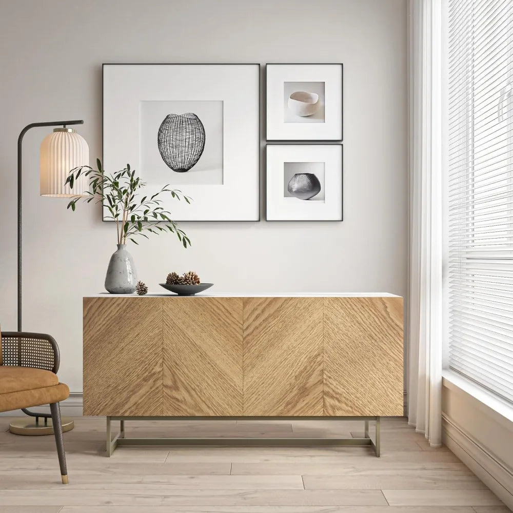 DUTRIEUX Modern White Faux Marble Top Solid Oak Wood Tip-On Doors Cabinet Rectangle Entertainment Centers-TV Stands/Fits TV's Up to 65 Inches/Dimension: W 57.09" x D 17.09" x H 29/Easy To Install