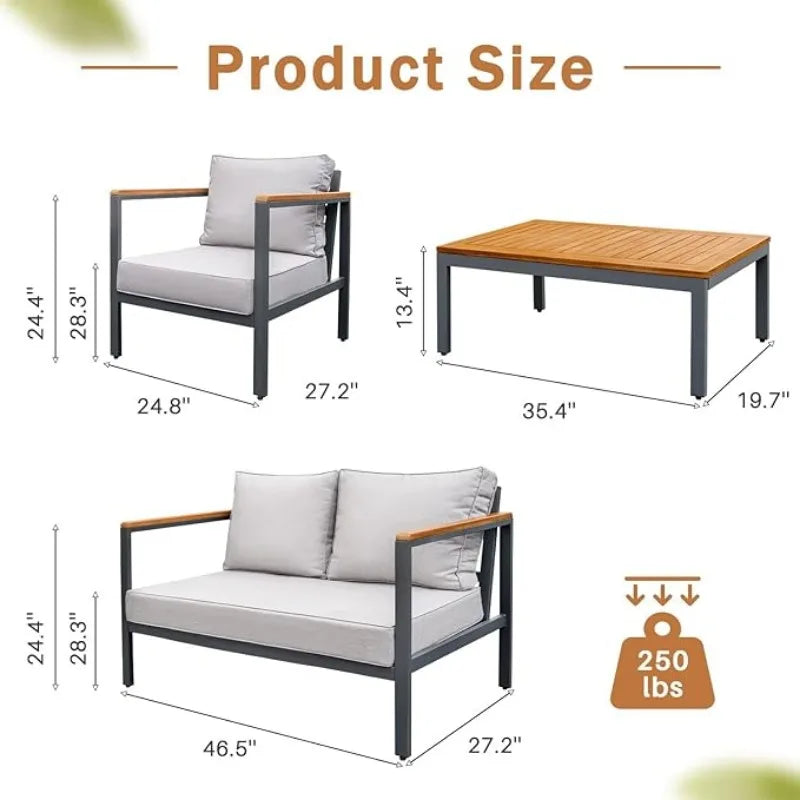 4 Piece Beige Patio Furniture Set w/Solid Wood Armrest/ Anti-Drop Table Top/Thick Waterproof Cushion/One Size