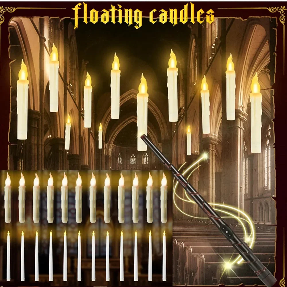 8-12 PCS LED White Tall Round Plastic Magic Wand Remote Control Flickering Floating Flameless Taper Candles