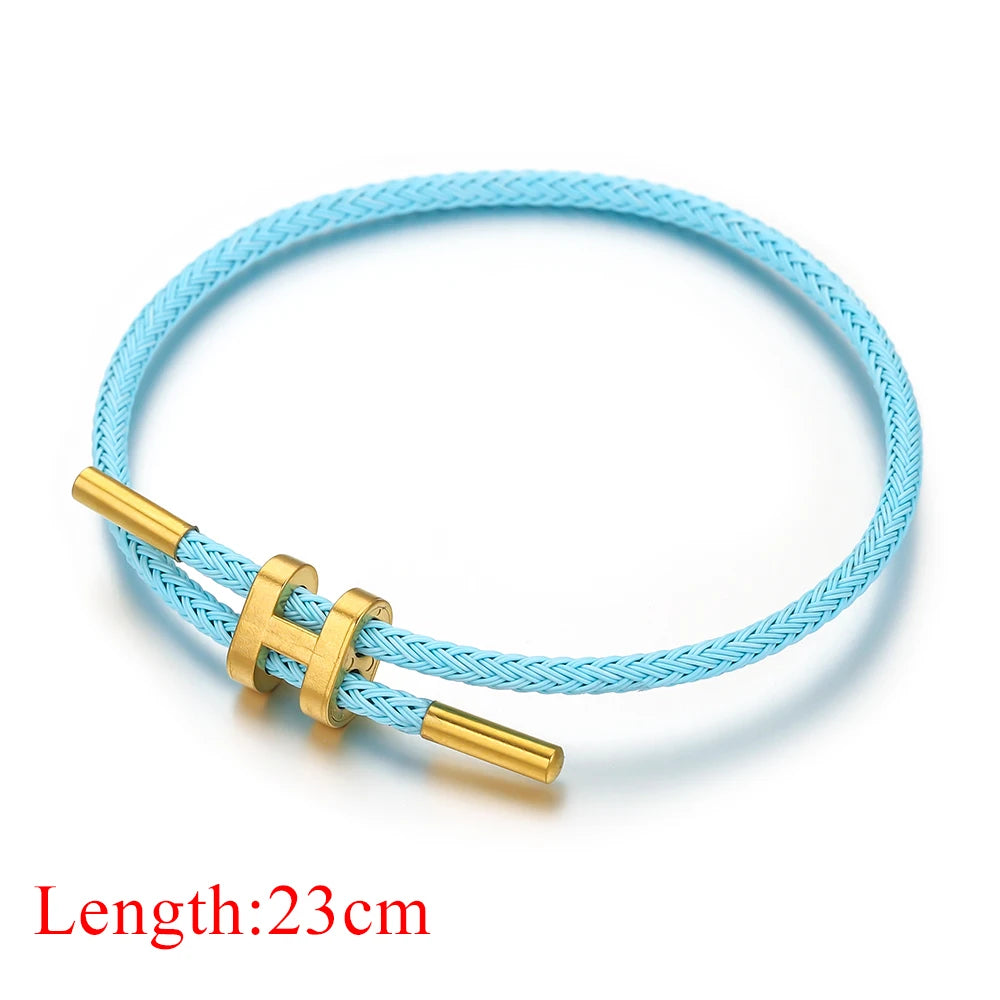 Unisex Round Stainless Steel Adjustable Braided Wire Rope Charm Vacuum Plated 18k Gold Toggle-Clasps Bracelets/Colors-Blue/Pink/Green/Red/Geometric