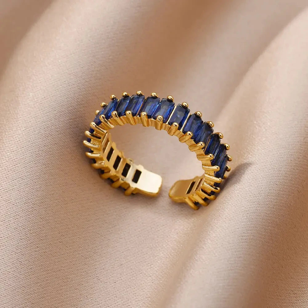 Colorful Square Zircon Anti-Acid-Alkali Stainless Steel Imitation Gold Mood Tracker Crystal Open Finger Rings/Colors-Geometric/Multicolor/Gold/Green/Red