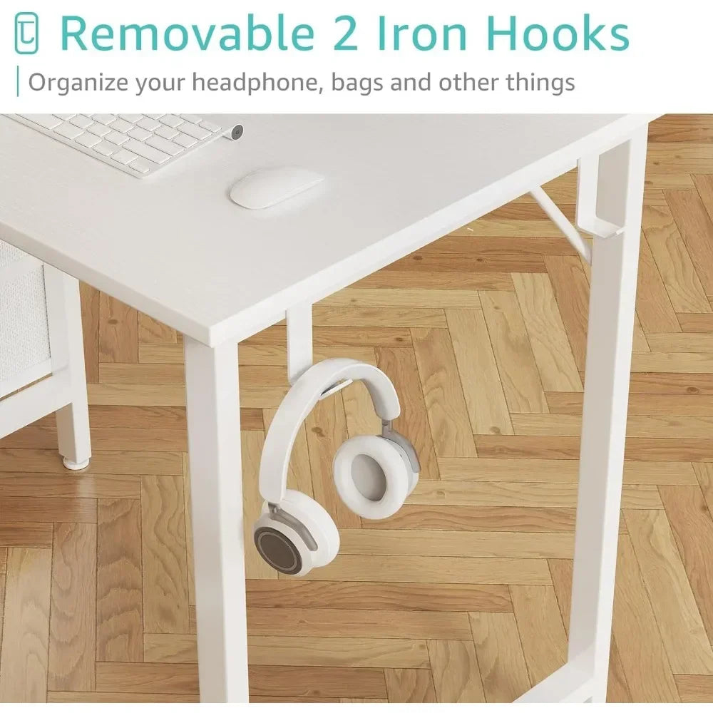White Modern 2 Iron Side Hooks Free Standing Metal Base Computer Desks-4 Drawers/Dimensions-19.5"D x 47.2"W x 29.5"H