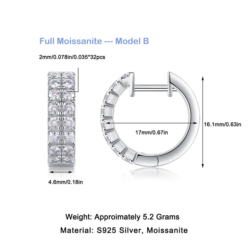 EWYA Adult Women Fine Sterling Silver Metal Wide Two-Three Rows Clear White Full Moissanite Realistic Diamond-Like Stones Round Hoop Small Ear Buckle Earrings/Colors-Silver/Clear/White/Geometric