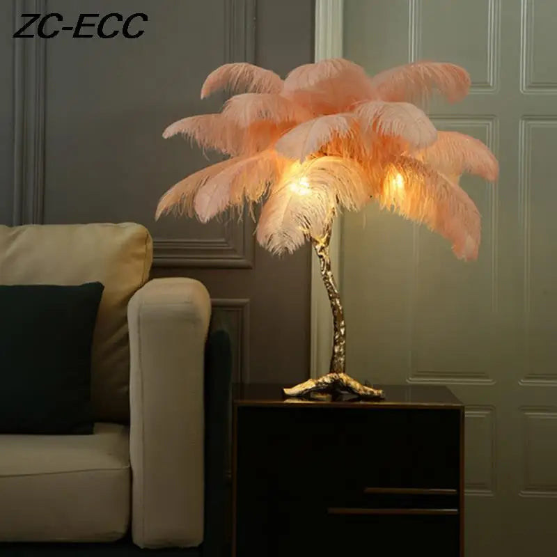 Modern Resin Gold Iron Tree-Like Trunk Base LED Ostrich Feather Up-Down Shade Standing Table Lamps/Colors-White/Pink/Blue/Orange/Black/Gold