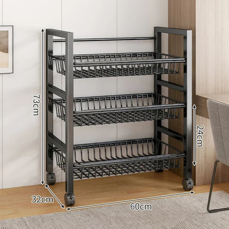Kitchen Black-Brown Color Adjustable Height Pine Wood-Metal Storage Rack Movable Carts/360° Rotating Wheels