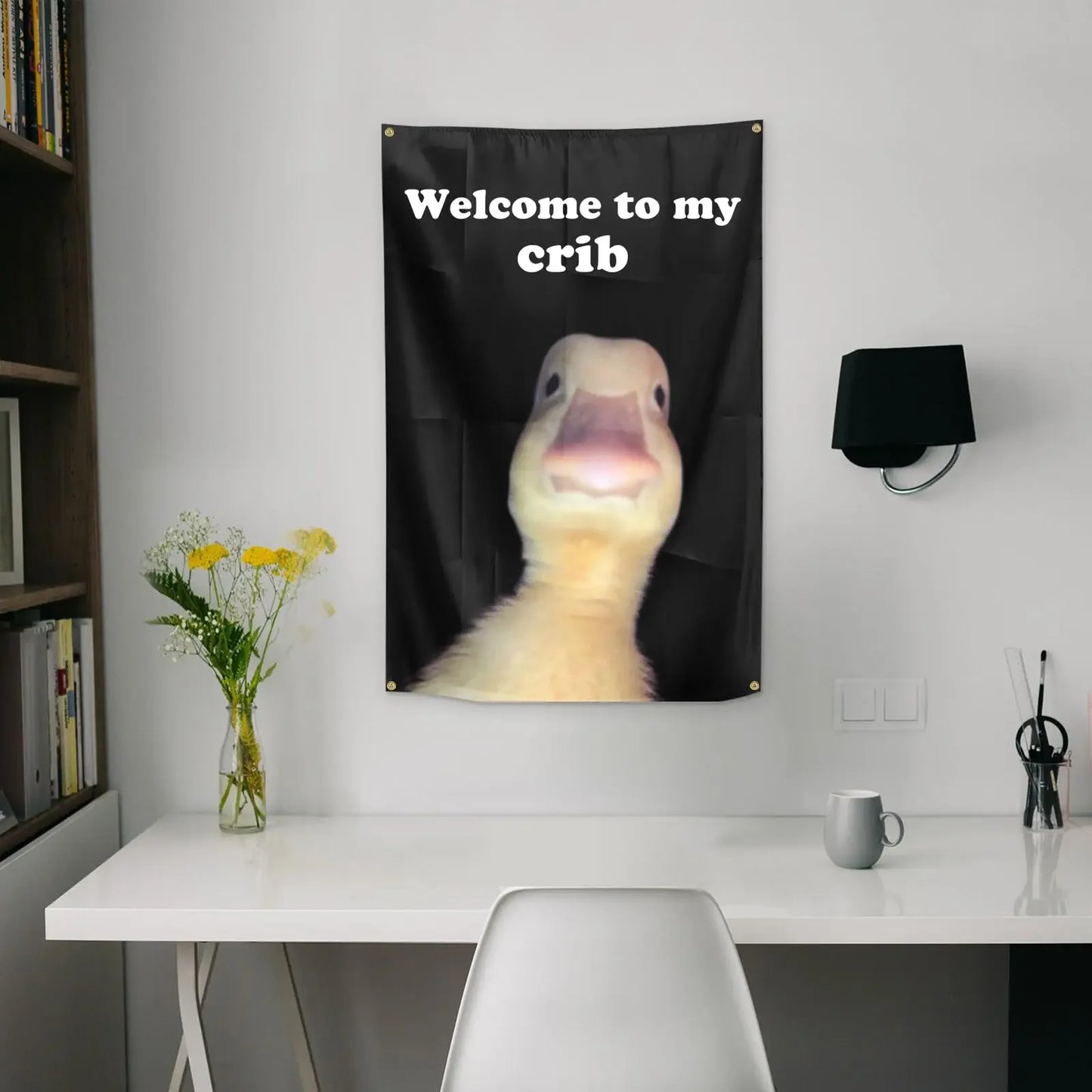 Double-Stitched Polyester Black Background Funny Yellow Duck White Letters Saying Welcome to My Crib Wall Hanging Flags Tapestries/4 Shiny Brass Grommets/Acrylic Flagpole Material