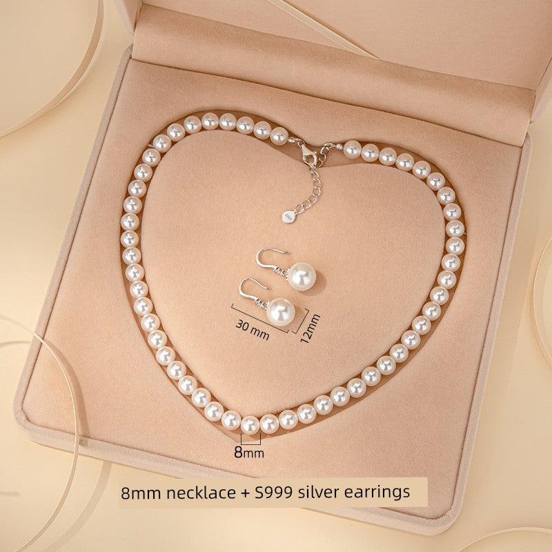 Adult Women Sterling Silver White Pearl Necklace-2 Hanging White Pearl Earrings Fine Imitation Jewelry Sets/Colors-White/Silver