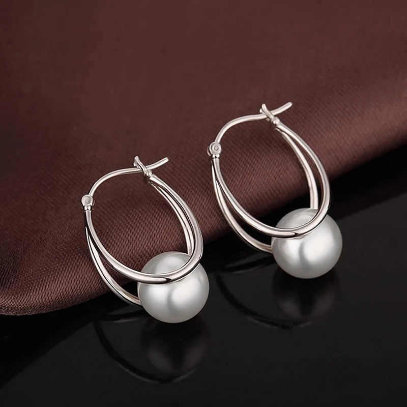Women-Teen Girls Silver Copper-Brass Metal Geometric Simple Round Imitation Simulated White Pearl Hoop Earrings