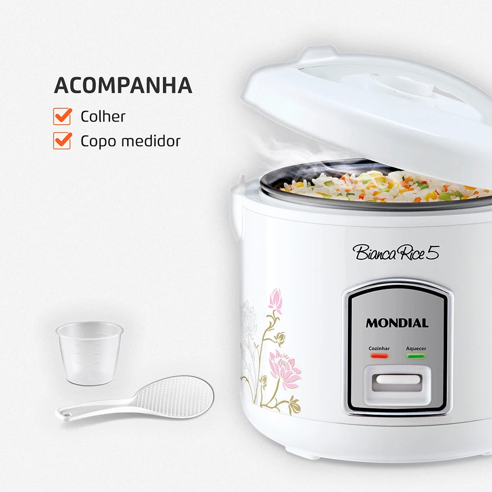 Mondial Bianca Kitchen White Floral Non-Stick Electric Rice Cookers/Up To 5 Cup Capacity Of Rice/Accessories Included: 1 Spoon-1 Measuring Cup-1 Steam Collector-1 Manuel-Recipes