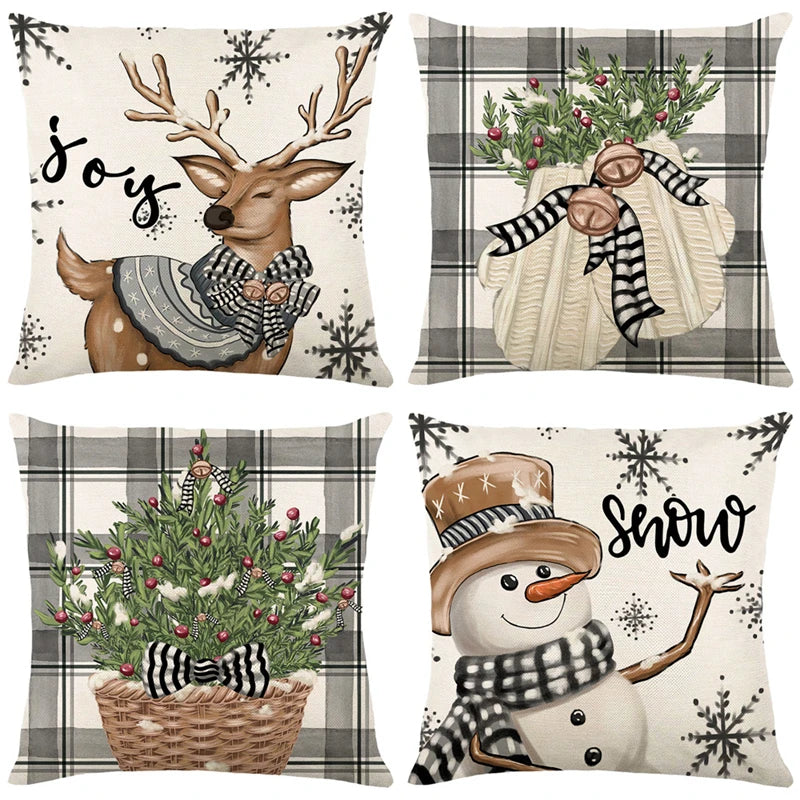 4 PCS Set Christmas Linen Snowman-Elk-Yarn Mittens-Christmas Tree-Wreath Plaid Throw Pillows/Colors-White/Red/Gray/Plaid