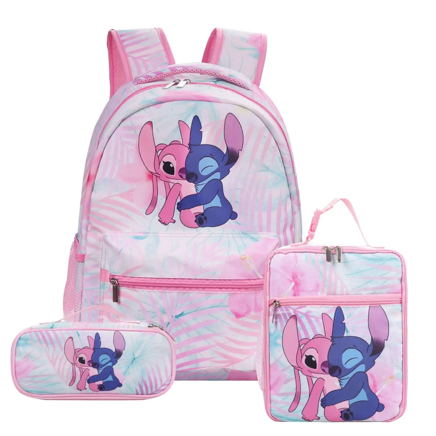 Disney Kids Large 3 PCS Cute Cartoon Stitch Movies-TV Theme Design Pink Polyester Fabric Shoulder Straps-Handle Zipper Pockets School Backpacks Sets/Pencil Case/Small Accessory Bag/Colors-Multicolor/Pink/Blue